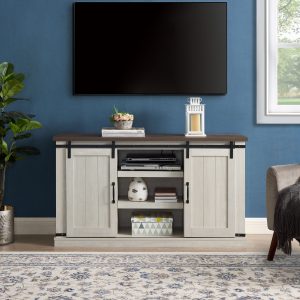 Greenpod Farmhouse TV Stand with for TVs up to 60'' for Living Room, Light Gray