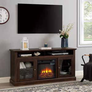 Greenpod Electric Fireplace TV Stand with 18'' Fireplace for TVs up to 65'', Brown