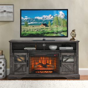 Greenpod Modern Farmhouse Double Barn Door Fireplace TV Stand for TVs up to 70'', Grey