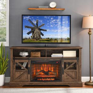 Greenpod Modern Farmhouse Double Barn Door Fireplace TV Stand for TVs up to 70'', Brown