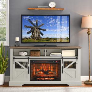 Greenpod Modern Farmhouse Double Barn Door Fireplace TV Stand for TVs up to 70'', Whtie