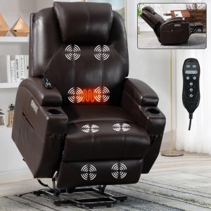 Greenpod Power Lift Leather Recliner Chair with Heat and Massage for Elderly, Brown