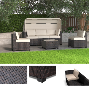 Greenpod Patio Furniture Sets 6 Pieces Outdoor Sectional Rattan Sofa Daybed Conversation Sets with Retractable Canopy, Storage Coffee Table, Adjustable Backrest and Cushions, Beige Brown