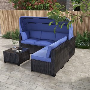 Greenpod Patio Furniture Sets 6 Pieces Outdoor Sectional Rattan Sofa Daybed Conversation Sets with Retractable Canopy, Storage Coffee Table, Adjustable Backrest and Cushions, Blue Brown