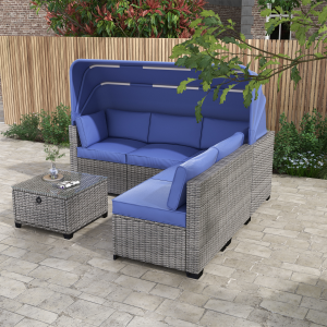 Greenpod Patio Furniture Sets 6 Pieces Outdoor Sectional Rattan Sofa Daybed Conversation Sets with Retractable Canopy, Storage Coffee Table, Adjustable Backrest and Cushions, Blue Gray