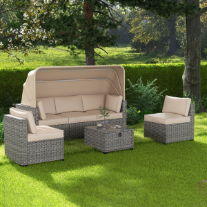 Greenpod Patio Furniture Sets 6 Pieces Outdoor Sectional Rattan Sofa Daybed Conversation Sets with Retractable Canopy, Storage Coffee Table, Adjustable Backrest and Cushions, Beige Gray